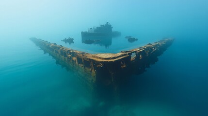 Fototapeta premium A partially submerged shipwreck, with the bow and a section of the hull visible, sitting on a seabed in a blue ocean. The rest of the wreck is obscured by mist.