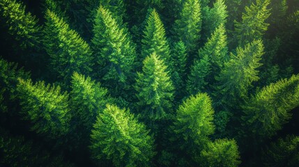 Aerial view of lush green coniferous trees in a forest.