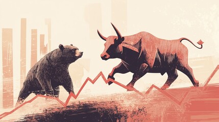 Bull and Bear Market Illustration  Financial Concept  Grunge Art