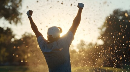 Golfer Celebrates Hole in One with Joyful Expression on Sunlit Golf Course