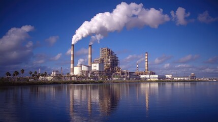 Fototapeta premium Power plant emitting smoke over water under blue sky