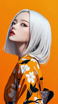 Studio portrait against vibrant orange backdrop. Subject wearing floral-patterned outfit in orange and black. Sleek platinum bob haircut with precise angular cut. 