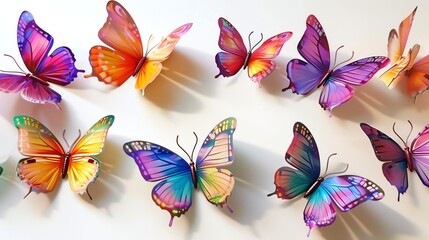 A collection of colorful butterflies arranged on a white background.