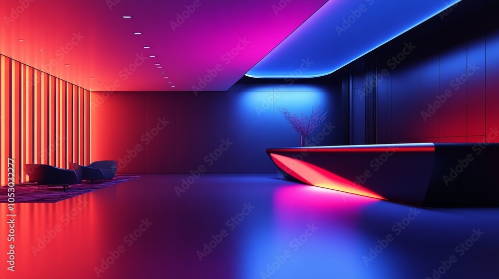 Poster a spacious lobby with a futuristic reception desk, integrated seating zones, and artistic lighting, 