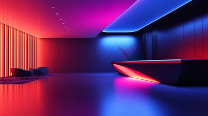 A spacious lobby with a futuristic reception desk, integrated seating zones, and artistic lighting, setting the tone for multifunctional spaces. Room on the left for text.