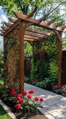 Obraz premium Wooden garden pergola standing over cobblestone path covered with climbing roses