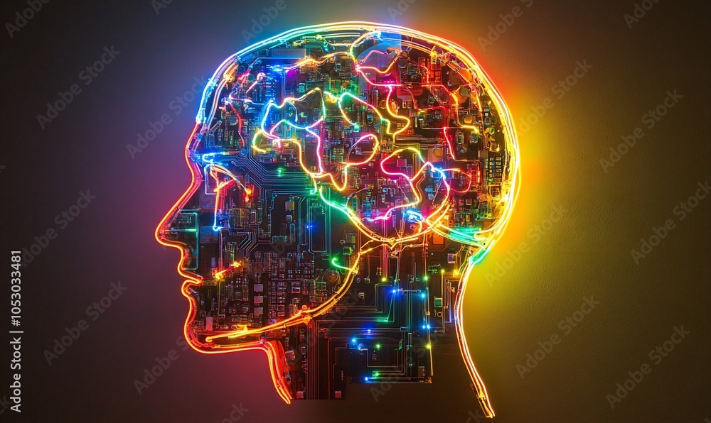 Poster a glowing, colorful outline of a human head with a circuit board inside, representing the concept of