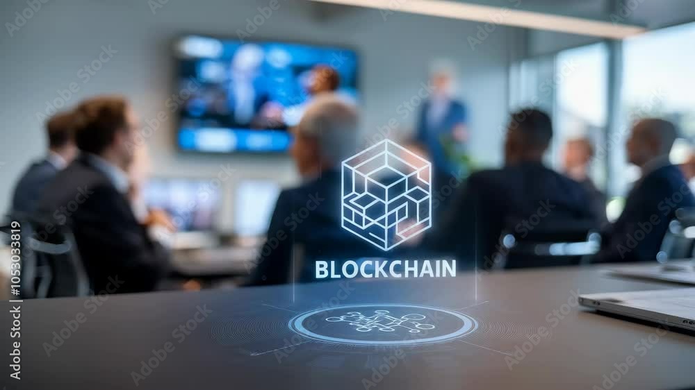 Poster business meeting focused on blockchain technology with a digital interface.