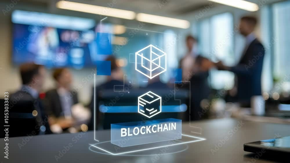 Poster a modern office scene featuring blockchain technology graphics and professionals discussing.