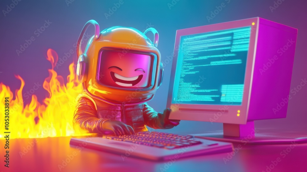 Poster adorable hacker character thwarted by friendly firewall with a grin, humorous cybersecurity concept 