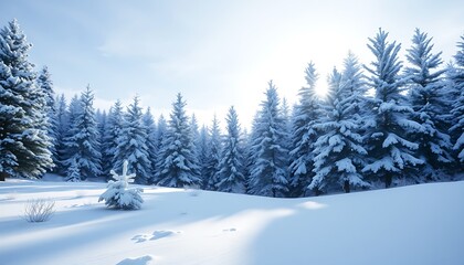 Obraz premium A peaceful winter landscape with snow-covered pine trees, a gentle snowfall, and a light blue sky.