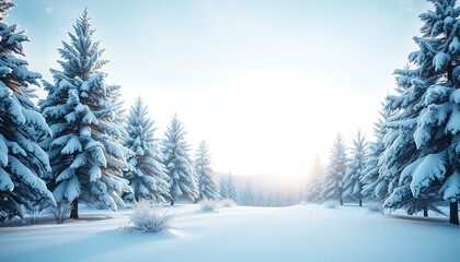 Fototapeta premium A peaceful winter landscape with snow-covered pine trees, a gentle snowfall, and a light blue sky.