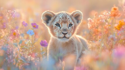 Obraz premium Adorable lion cub with soft mane exploring a pastel savannah, playful yet serene among wildflowers and grass