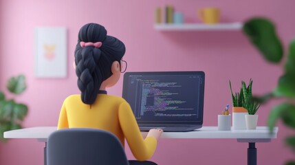 A 3D cartoon-style woman in a minimalistic scene, sitting at a table, engrossed in coding