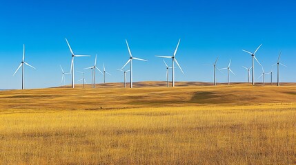 Wind Turbines Against Clear Blue Sky in Open Field