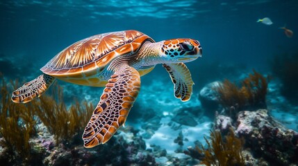 Obraz premium A green sea turtle swims gracefully through a vibrant coral reef.