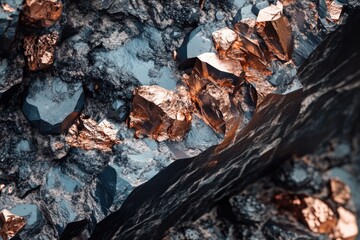 Copper ore extraction and macro photography in mining industry.