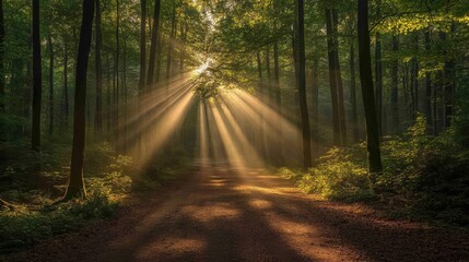 Obraz premium Forest Road Illuminated by Sunrays