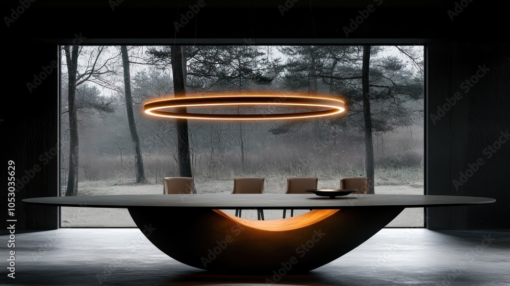 Poster modern dining room with circular light fixture and curved table