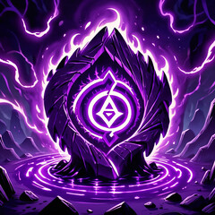 A glowing purple rock with a symbol of arcane energy surrounded by purple flames, set against a dark background with hills and a glowing pool of purple water.
