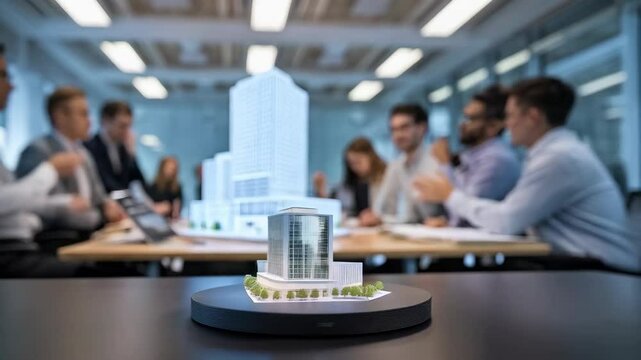 A business meeting discussing a building model, focusing on urban development.