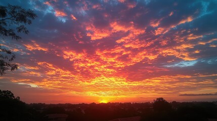 Obraz premium A vibrant sunrise with a fiery sky and silhouetted trees on the horizon.