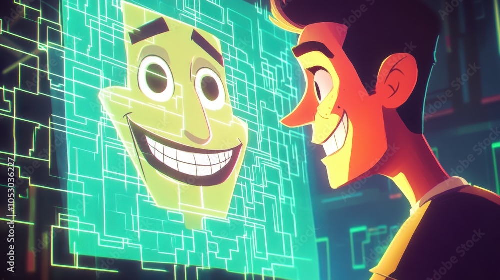 Poster cartoon hacker puzzled by a smiling firewall blocking access, playful illustration of secure digital