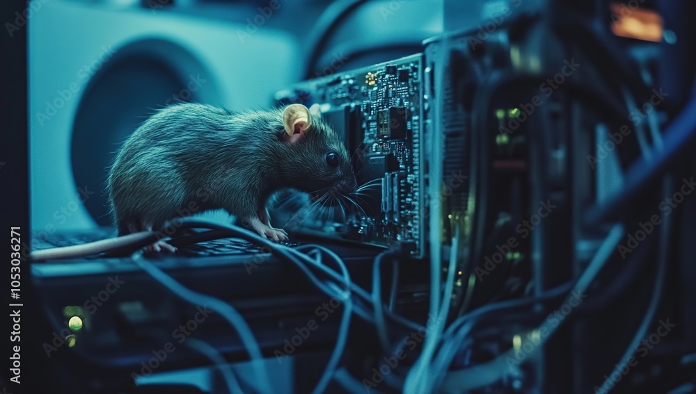 Poster a close-up of a rat on a computer keyboard, looking at the wires and circuit board.