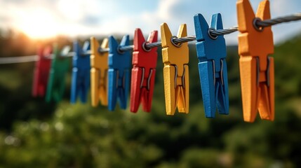Colorful clothespins hanging on a line against a scenic backdrop.