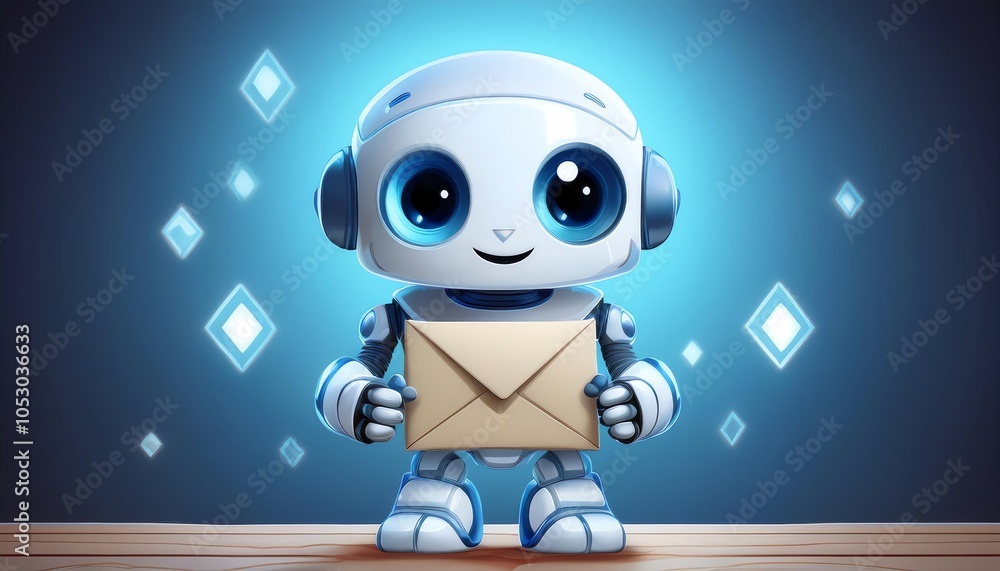 Poster a cheerful robot holding an envelope, with a glowing background and sparkling elements, conveying a 