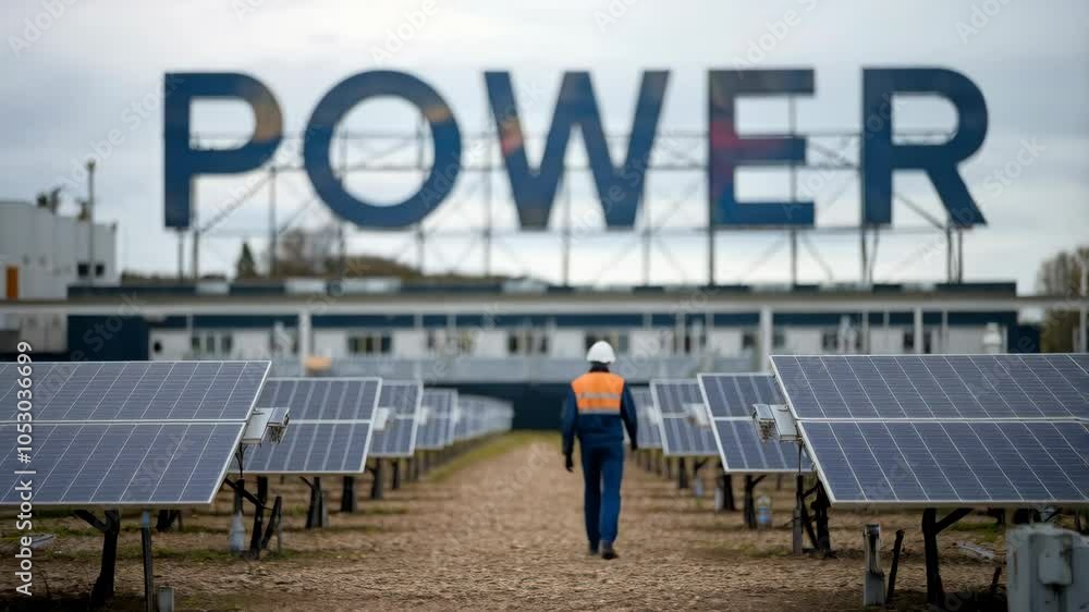 Poster worker walking through a solar panel field with a large 