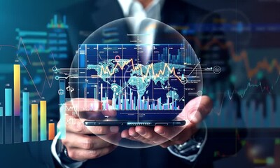 Businessman holding a digital graph line and financial data on a virtual screen. Businessmen use smartphones with stock market growth charts or financial icons in the background.  - Powered by Adobe