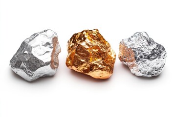 gold  silver and copper nuggets isolated on white background