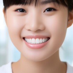Close up Portrait of a Young Smiling Woman with Bright White Teeth on a White Background