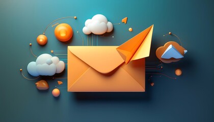 A vibrant, digital illustration of an orange envelope surrounded by clouds and abstract elements, symbolizing communication and messaging.
