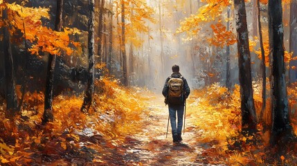 Fototapeta premium A man with backpack walks in the amazing autumn forest. Hiking alone along autumn forest paths. Travel concept. 
