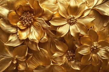 Golden flowers embossing  gold caring surface background  art painting