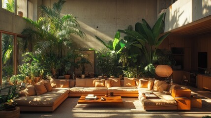 Fototapeta premium Modern Living Room with Lush Tropical Plants and Sunlight Streaming Through Windows
