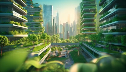 Obraz premium A futuristic cityscape featuring green buildings, lush greenery, and a vibrant urban environment, blending nature with modern architecture.