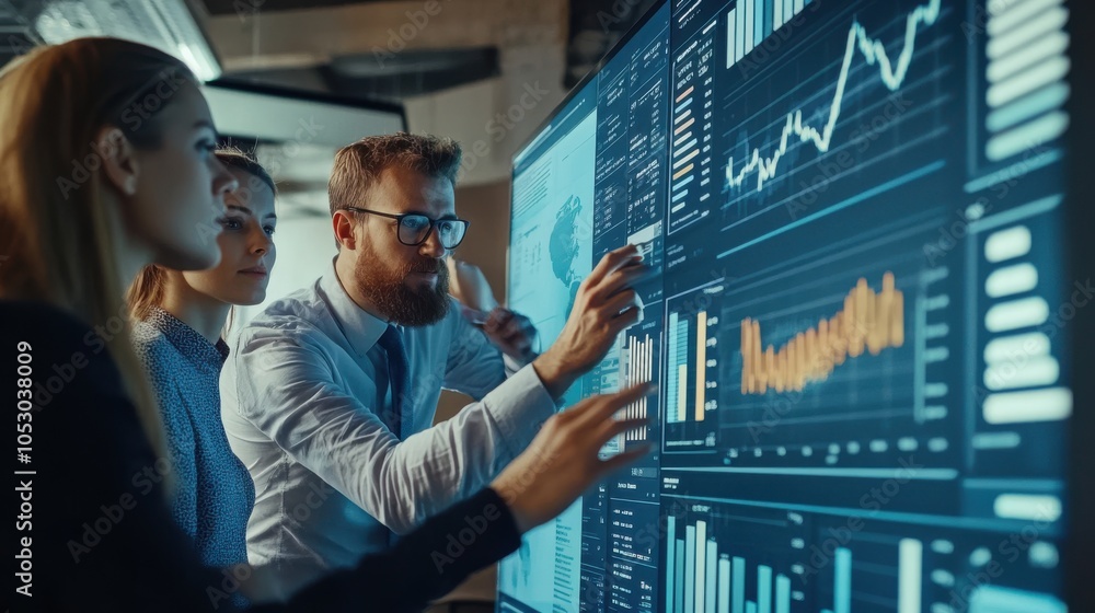 Poster a business team intensely analyzing sales data on a large screen dashboard, focusing