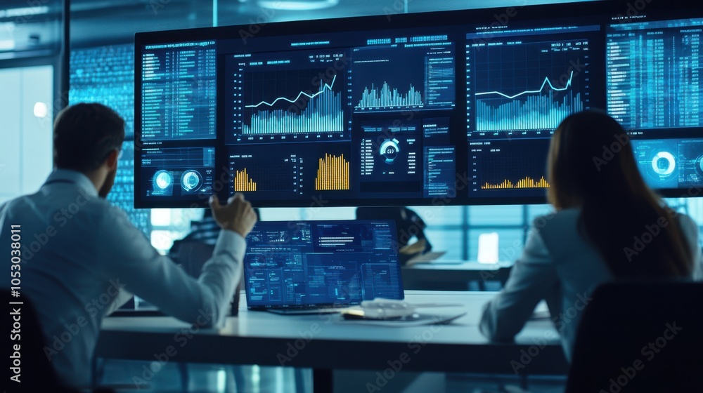 Poster a business team intensely analyzing sales data on a large screen dashboard, focusing