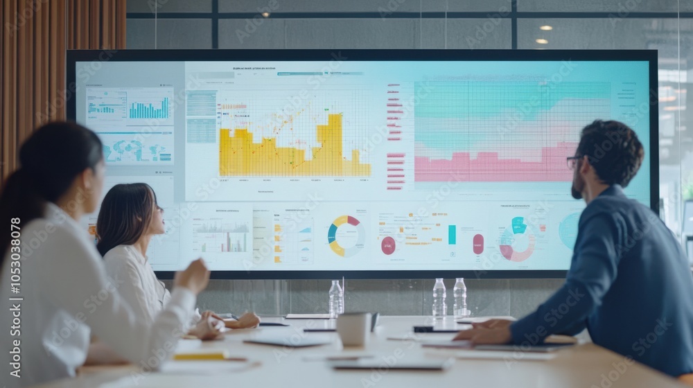 Poster a business team intensely analyzing sales data on a large screen dashboard, focusing
