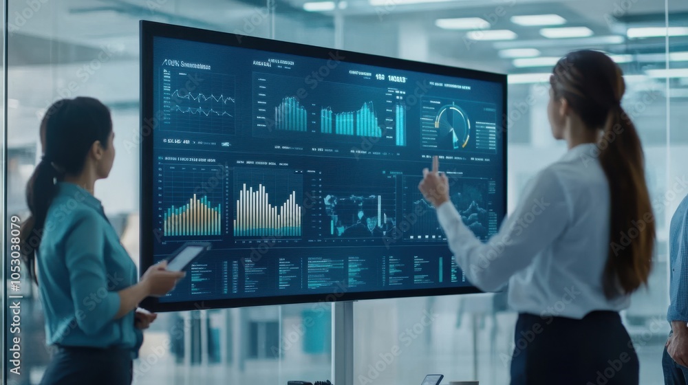 Poster a business team intensely analyzing sales data on a large screen dashboard, focusing