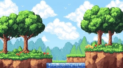Classic 8-bit forest landscape with pixel trees and rivers, ideal for retro gaming backgrounds