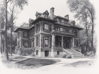  a black and white pencil sketch of a large Victorian house with many windows and decorative elements.
