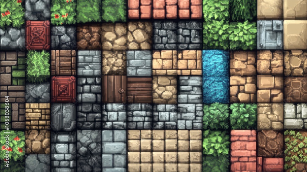 Poster classic pixelated tileset in blocky design with earthy and metallic textures, capturing retro game a