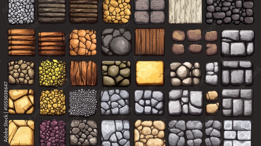 Aufkleber classic pixelated tileset in blocky design with earthy and metallic textures, capturing retro game a