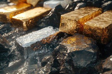 Fototapeta premium Ingots of pure gold silver and copper on a rocky ground with flowing water. valuable minerals