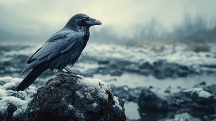 A lone raven perched on a rock in a snowy, misty landscape.