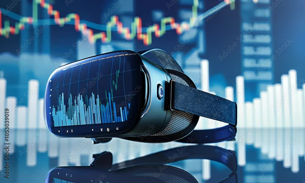 Poster 3d rendering of a virtual reality headset with a stock market graph going up on a blue background, i